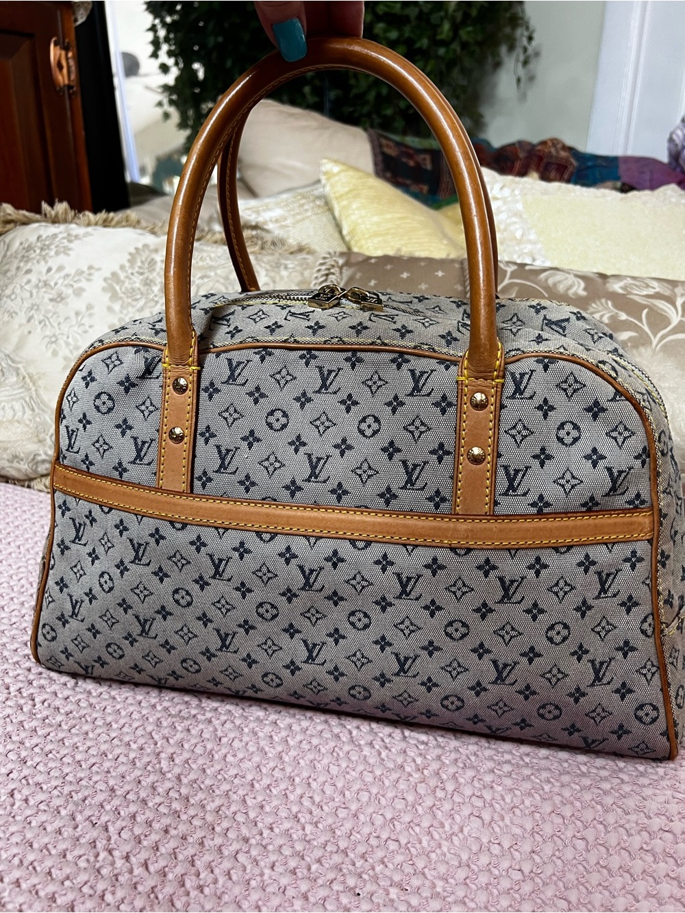 Louis Vuitton Monogram Mini Lin Marie Blue Navy Boston Satchel Bag